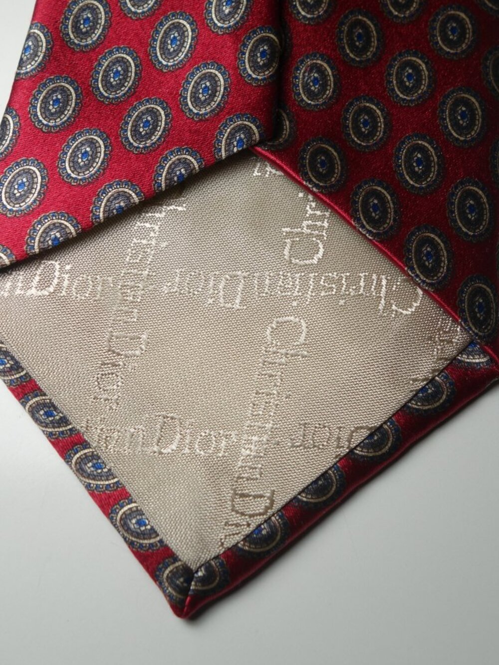 Vintage Christian Dior Silk Tie Made In USA w/ Blue & White Foulard Pattern - Picture 6 of 7